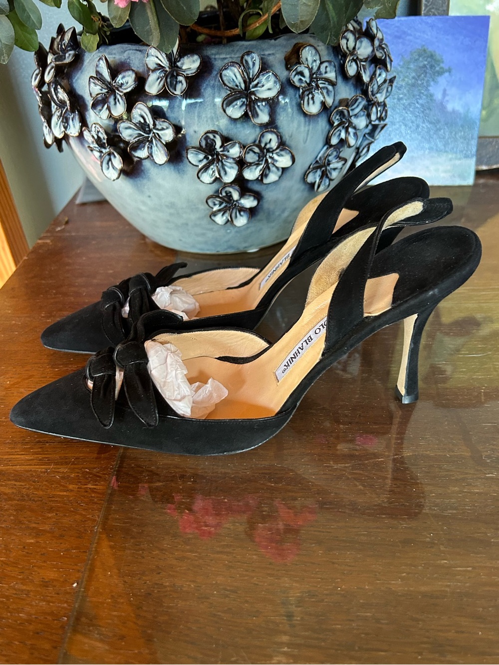 Manolo Blahnik Double Knot Black Suede Slingback Heels EU 40